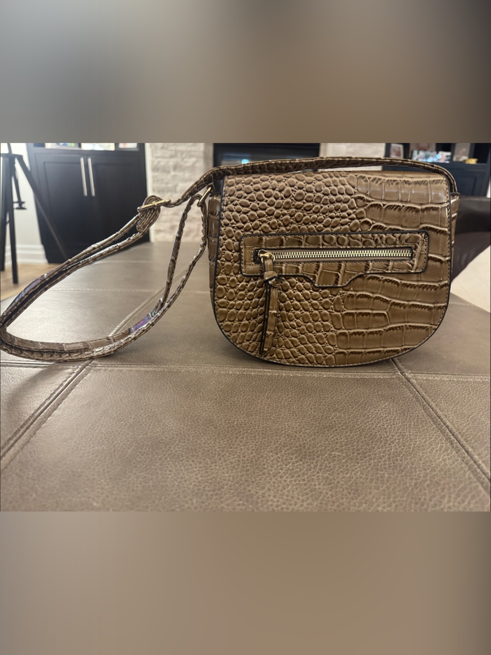 Brown Croc-Embossed Crossbody Bag
